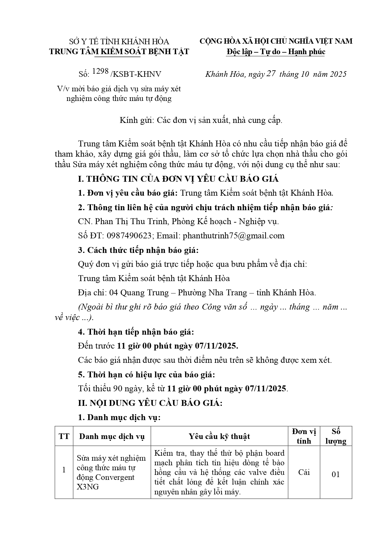 V/v mời báo giá dịch vụ sửa máy xét nghiệm công thức máu tự động